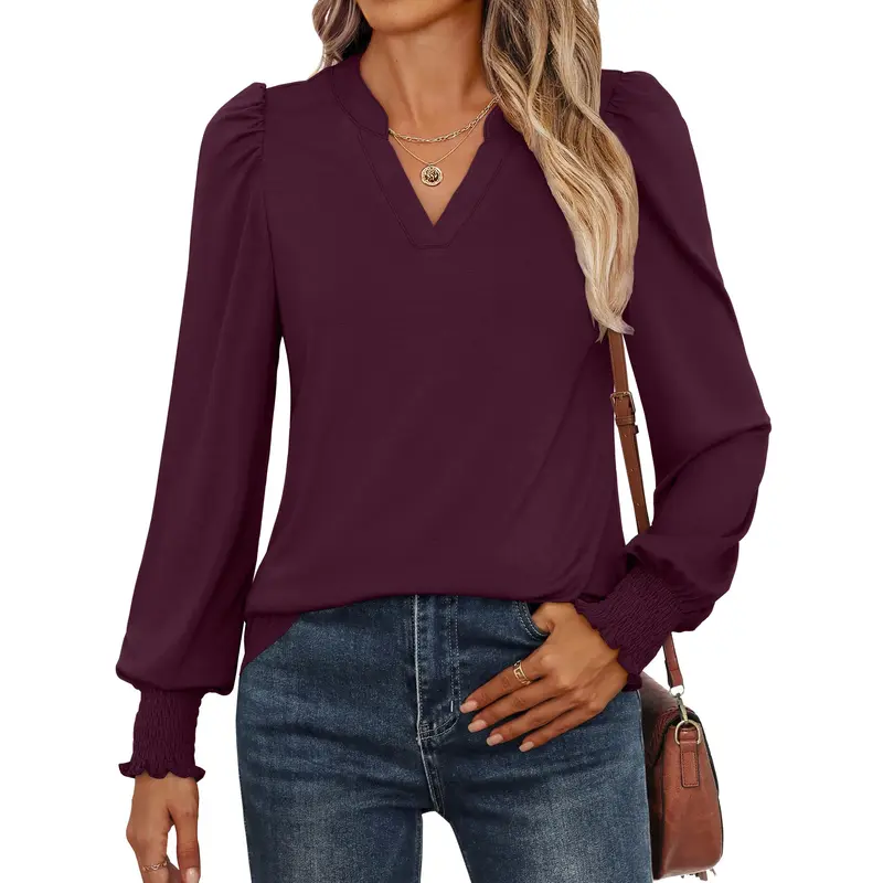 ANRABESS Women's Puff Long Sleeve Shirts V Neck Loose T-Shirts Dressy Casual Work Blouses 2026 Fall Tops Trendy Clothes Outfits Womenswear