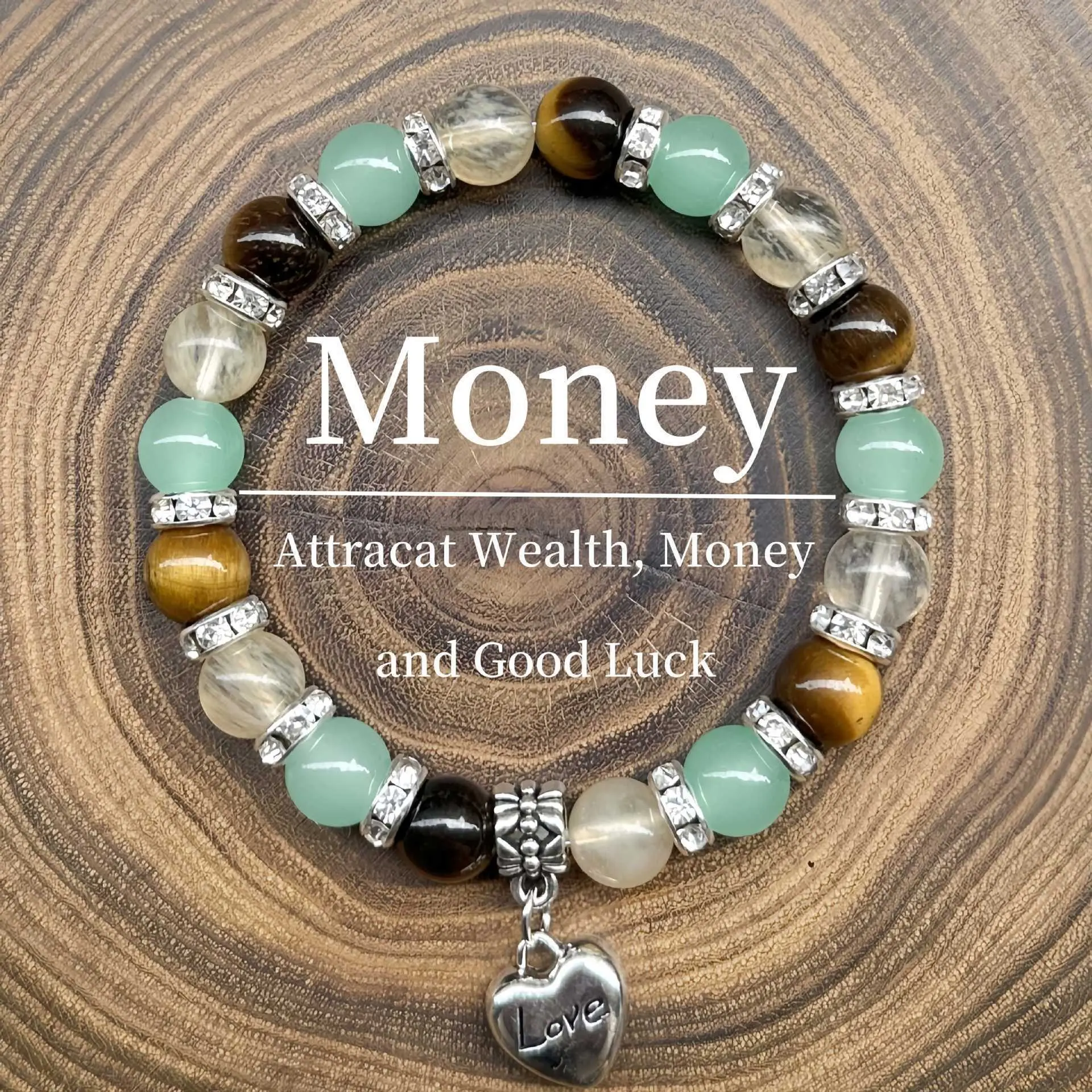 Healing Crystal Charm Bracelet - Money, Success, Wealth Abundance & Good Luck Attraction with Heart Charm, Fashion Costume Jewelry Bracelet, Healing Crystal Bracelet, Charm Bracelets