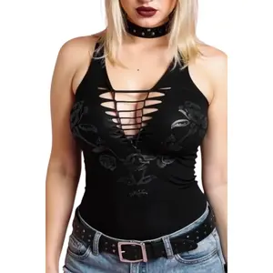 The Black Rose Crochet Neckline Gothic Tank