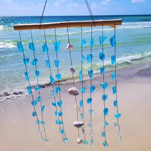 Blue Sea Glass Hanging Wind Chimes Wall Art, Handcrafted with Natural Seashells & Blue Seaglass & Driftwood