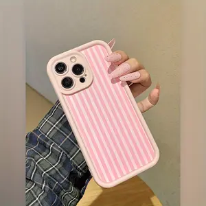 Phone Case - A Pink TPU Phone Case with White Powder Stripes Design, Suitable for  iPhone 16 17 15 14 Pro Max 13 12 11 Air X XS Plus E,Shockproof Drop Protection Rugged Durable Silicone Cover,Best Gift for boyfriend