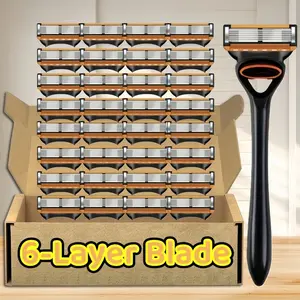 Men's Manual Shaving Blades Set, Shaver Set, Razors Set, 8-24 Replacement Blades & Handle, Sharp Stainless Steel 6-Layer Blades, Daily Care Grooming Tool
