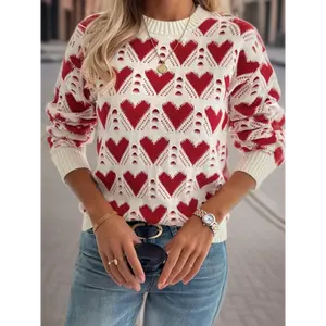 [autumn outfits] [Heart Peach Sweater] Autumn Winter Heart Peach Knitted Sweater - Women's Casual Pullover Long Sleeve Top with Valentine's Day Pattern