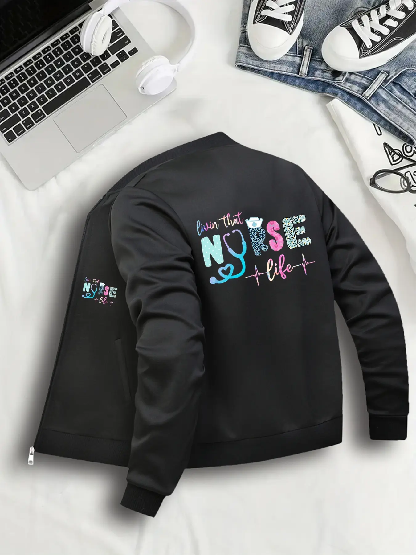 Women's Casual Fitted Jacket, Graphic, Cartoon Pattern Design, Zipper Closure & Pockets, S-Xl Sizes Available, All Season Wear