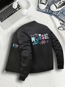 Women's Casual Fitted Jacket, Graphic, Cartoon Pattern Design, Zipper Closure & Pockets, S-Xl Sizes Available, All Season Wear