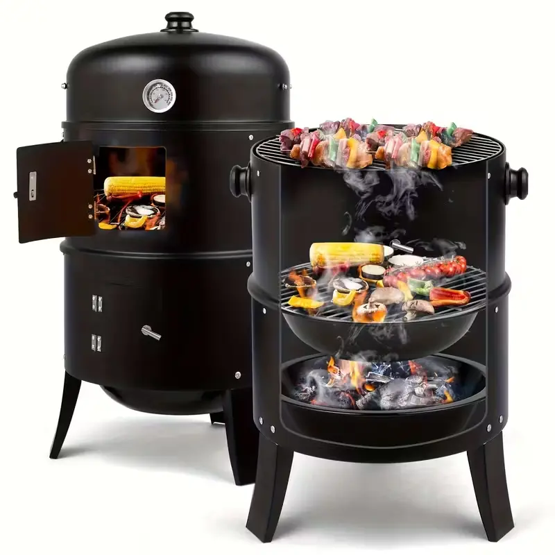 17" Vertical Charcoal Smoker Grill, 3-in-1 Portable Outdoor BBQ Smoker with Built-in Thermometer, Ideal for Backyard Cooking, Barbecue, Camping & Outdoor Gatherings