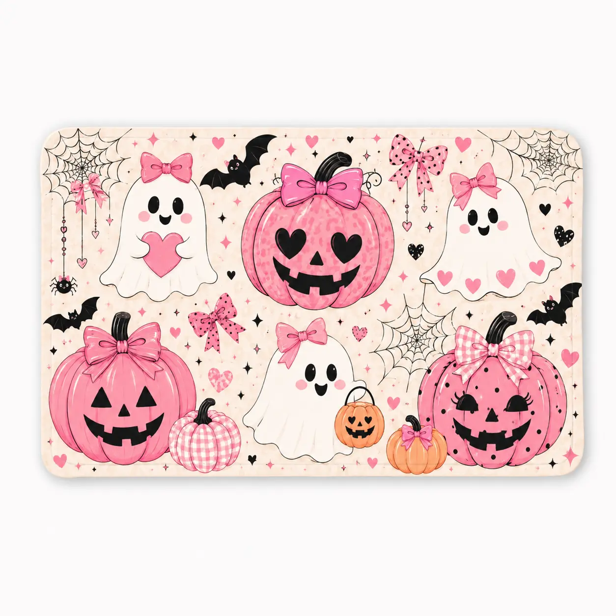 Pink Flannel Halloween Rectangular Bath Mat Set - High Water Absorption, Soft, Non-Slip, Easy-to-Clean Home Decor - Pumpkin Ghost Themed for Bathroom, Bathroom Rug