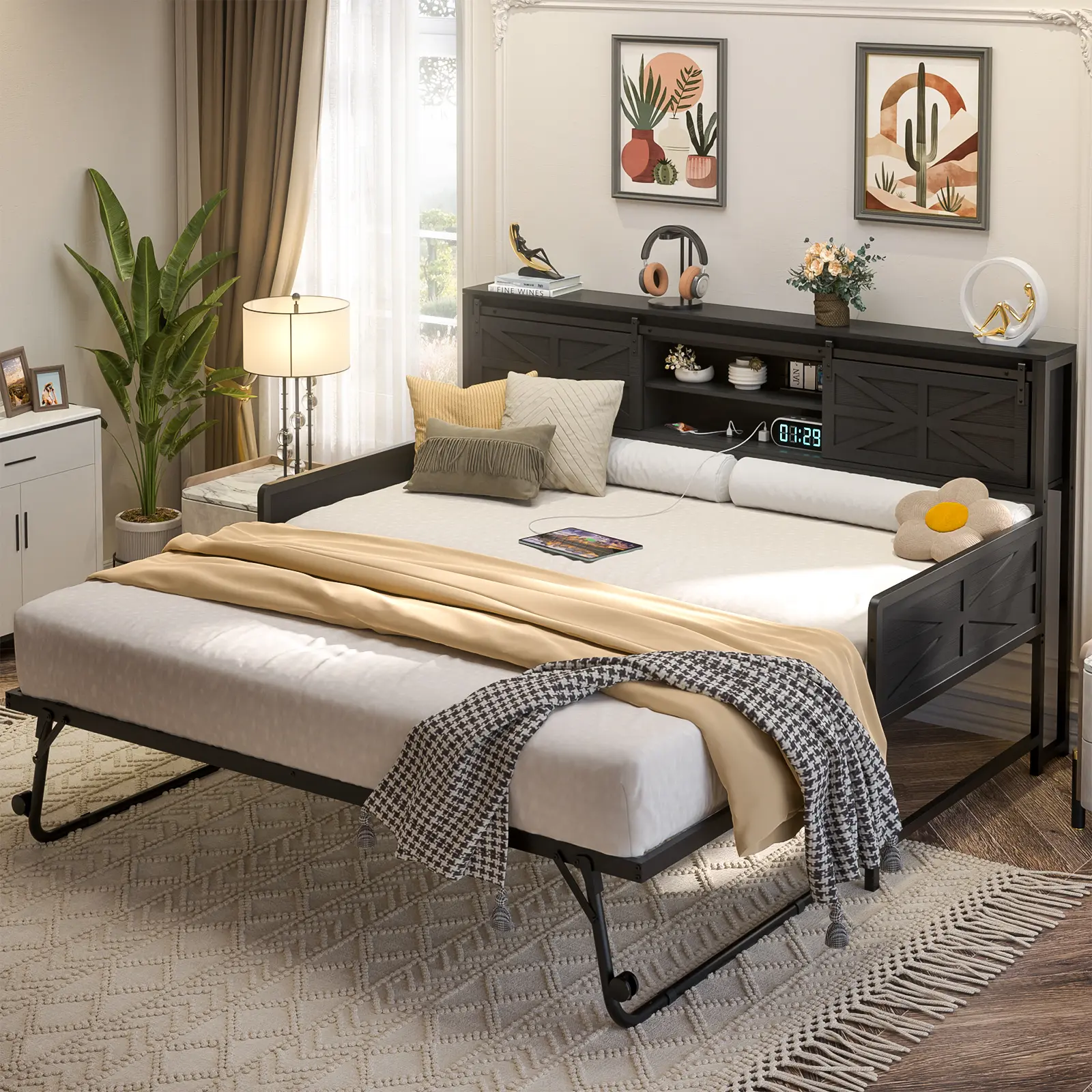 Farmhouse Twin Daybed with Pop-up Trundle Bed and Sliding Barn Door Design Headboard，Heavy Duty Metal Sofa Bed Frame with Charging Station