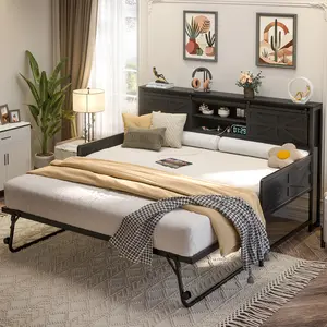 Farmhouse Twin Daybed with Pop-up Trundle Bed and Sliding Barn Door Design Headboard，Heavy Duty Metal Sofa Bed Frame with Charging Station