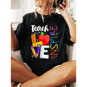 Cute Teach Love And Inspire Men Women Teacher T-Shirt Cotton Round Neck Short Sleeve Comfort Tee Top For Spring Summer Women's Clothing