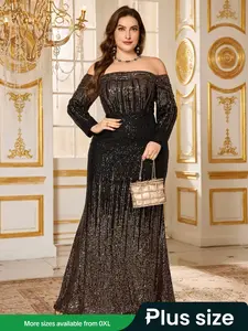 [Plus Size] Glitter Off Shoulder Long Sleeve Evening Dress, Gowns, Elegant Sequins Maxi Dress for Party Evening Formal Occasions, Women's Clothes for All Seasons, Womenswear