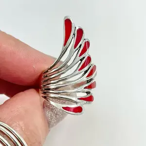 Sterling Silver 925 Reconstituted Red Coral Feather Wing Ring