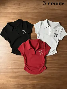 Three-Piece Preppy Style Collar Stand-Up Multifunctional Polo Short Sleeve Top, Wine, Slim-Fitting Waist Enhancer