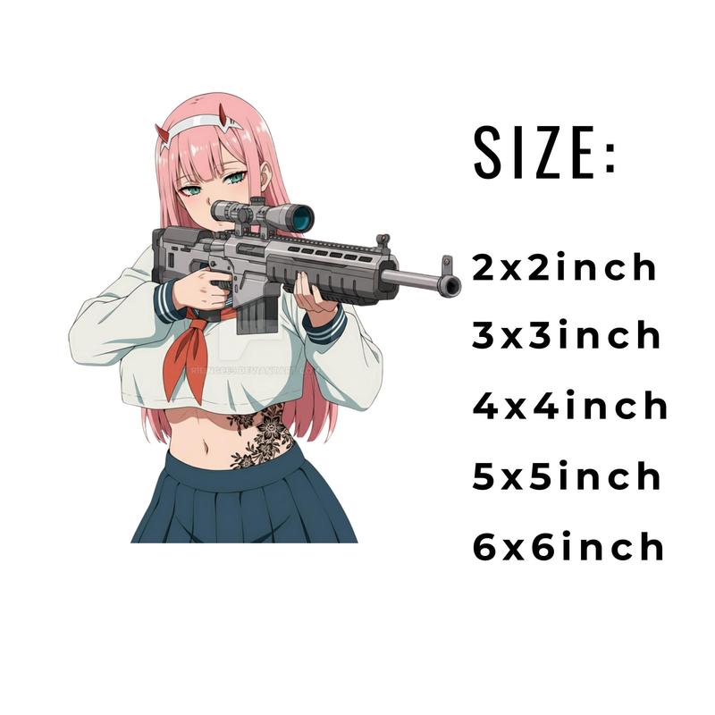 Zero Two with AR-15 Rifle Tactical Schoolgirl Sticker – Anime Vinyl for Laptop & Gear Setup, Anime Waifus Sticker