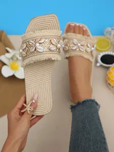 Boho Shell Pearl Fringe Sandals, Square Toe Open-Toe Flat Slippers, Summer Vacation Beach Shoes, Women's Comfortable Footwear