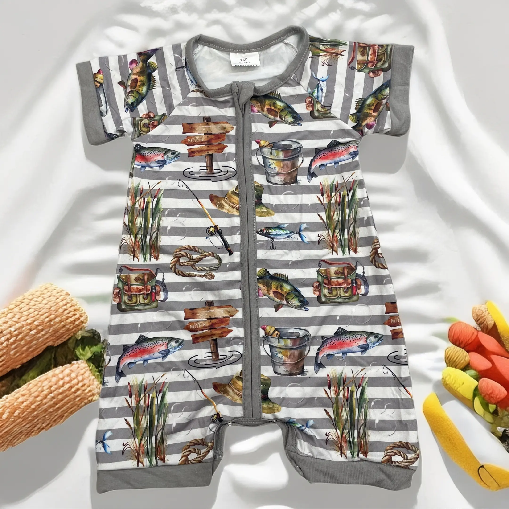 Baby Boy Summer Romper Fish Baby Zip Romper Fishing Onesie