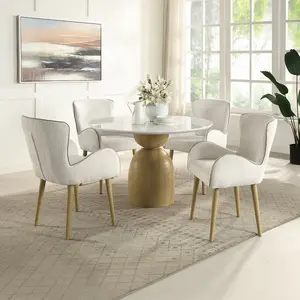 Acme DN02390-5PC 5 pc Kala 48" Round Marble Top Oak Finish Wood Dining Table Set with White Fabric Chairs for Elegant Dining Experience