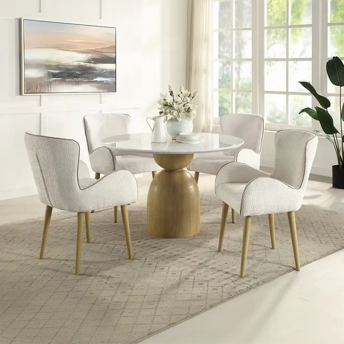 Acme DN02390-5PC 5-Piece Indoor Dining Set - 48" Round Marble Top Oak Finish Wood Table, White Fabric Upholstered Dining Chairs for Elegant Meals