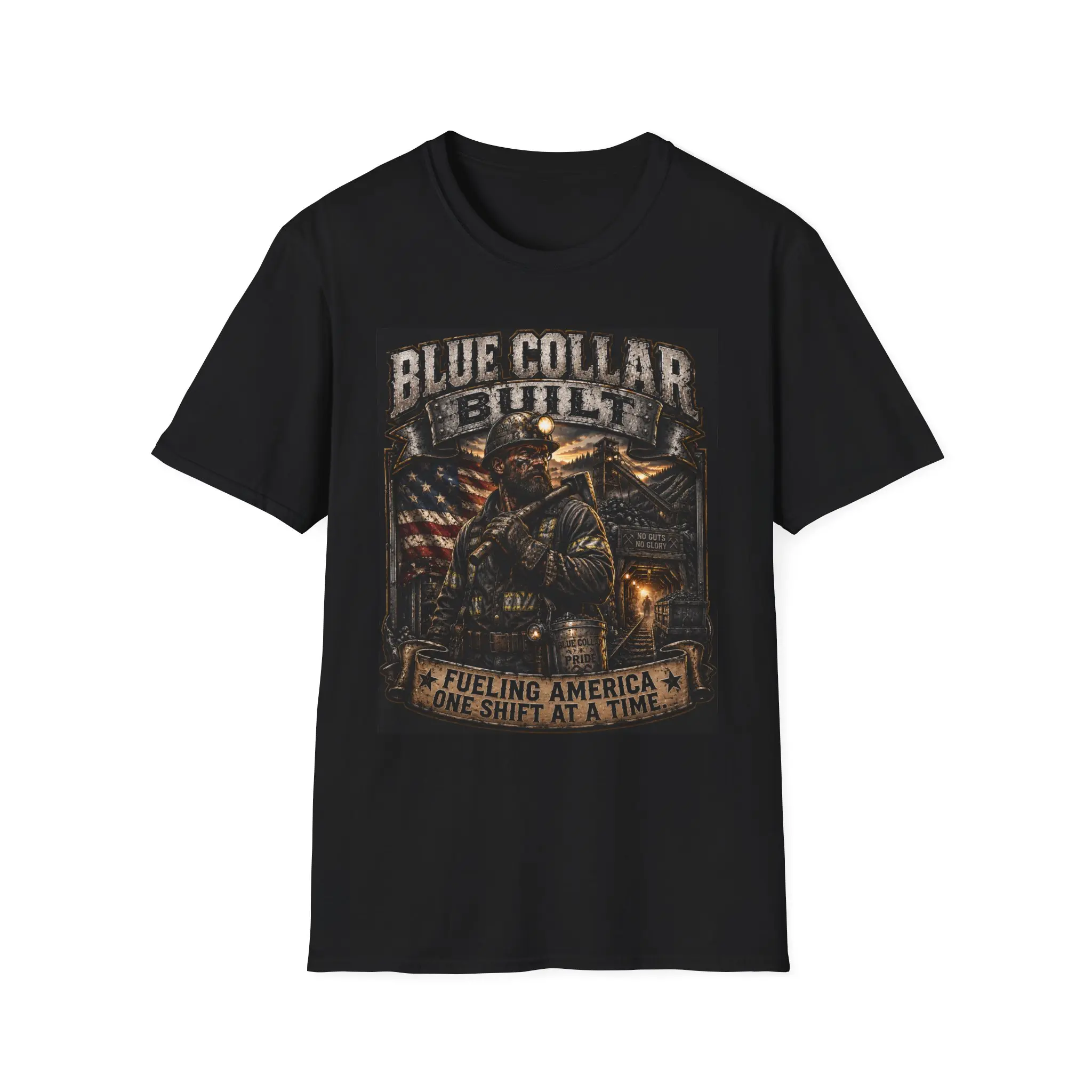 Blue Collar Built coal miner T-Shirt | Patriotic Worker Helmet American Flag