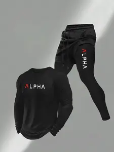 Men's ALPHA Graphic Slim Fit Activewear Set | High-Elastic Compression Tracksuit with Integrated Shorts & Tights | Trendy All-Black Gym Outfit for Outdoor Sports, Weightlifting, and Daily Athletic Vibe