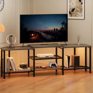 Modern Corner TV Stand for TVs Up to 75 Inch, Media Entertainment Center with Built-in Power Outlet & Dynamic LED Lights, Open Storage Console for Living Room & Bedroom, Grey