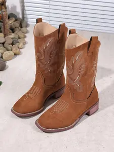 Women's Vintage Embroidered Western Cowboy Boots, Mid-Calf Ethnic Style, Faux Deer Suede, Rubber Sole, Spring & Fall Fashion