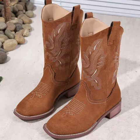 Women's Vintage Embroidered Western Cowboy Boots, Western Inspired Boots, Cowgirl Boots, Thick Heeled Boots, Mid-Calf Ethnic Style, Faux Deer Suede, Rubber Sole, Spring & Fall Fashion