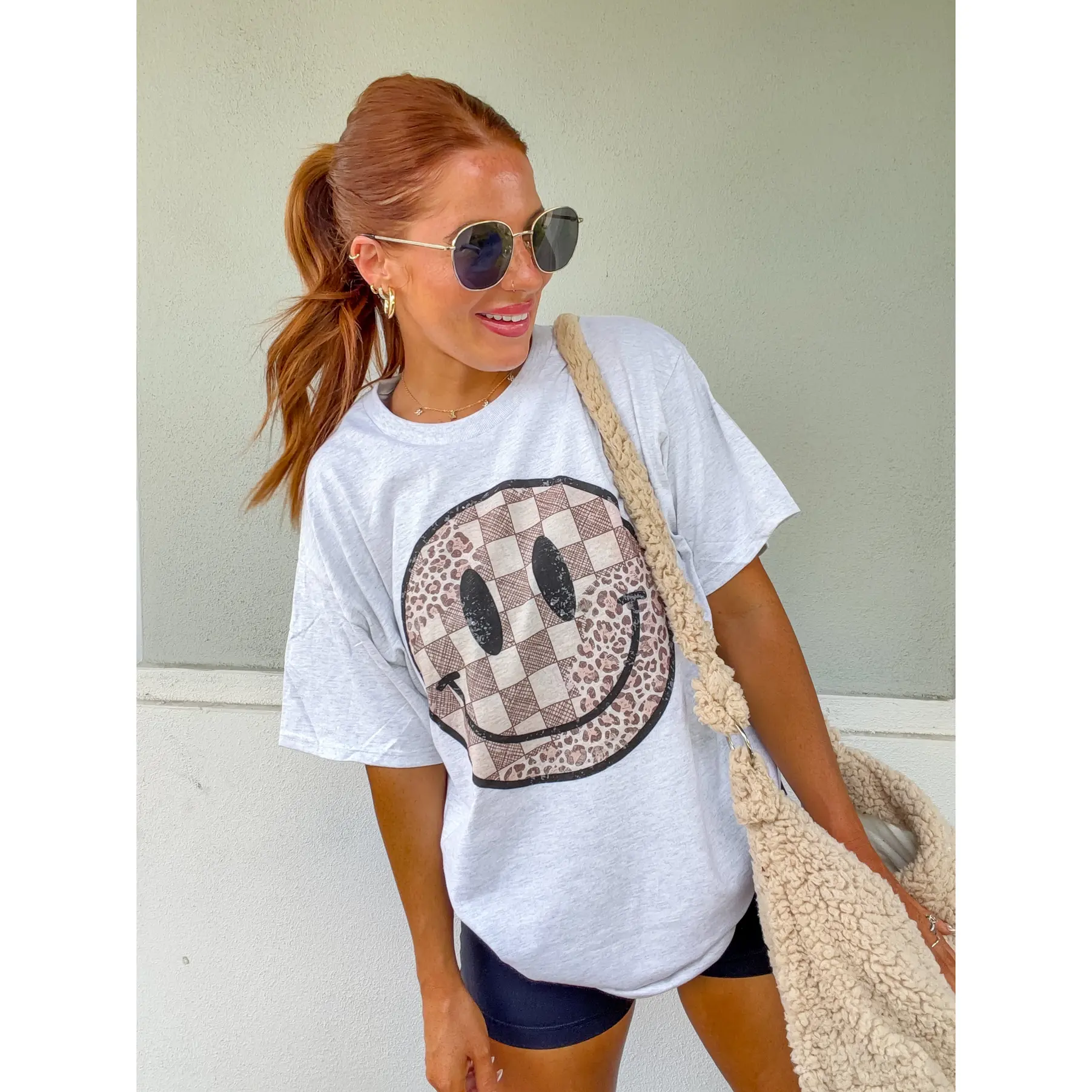 Checker Leopard Smiley Graphic Top