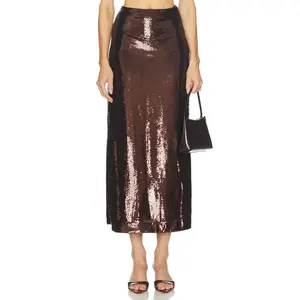 L'Academie Veleda Sequin Maxi Skirt in Dark Brown