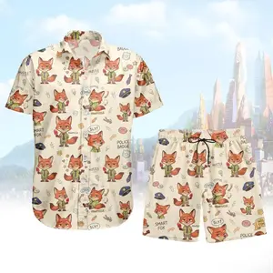 Nick Wilde Fox Hawaiian Shirt Shorts Set Men Women Zootopia Cute Cartoon Beach Vacation Summer Festival Matching Outfit Loose Comfortable Aloha 2PC Set
