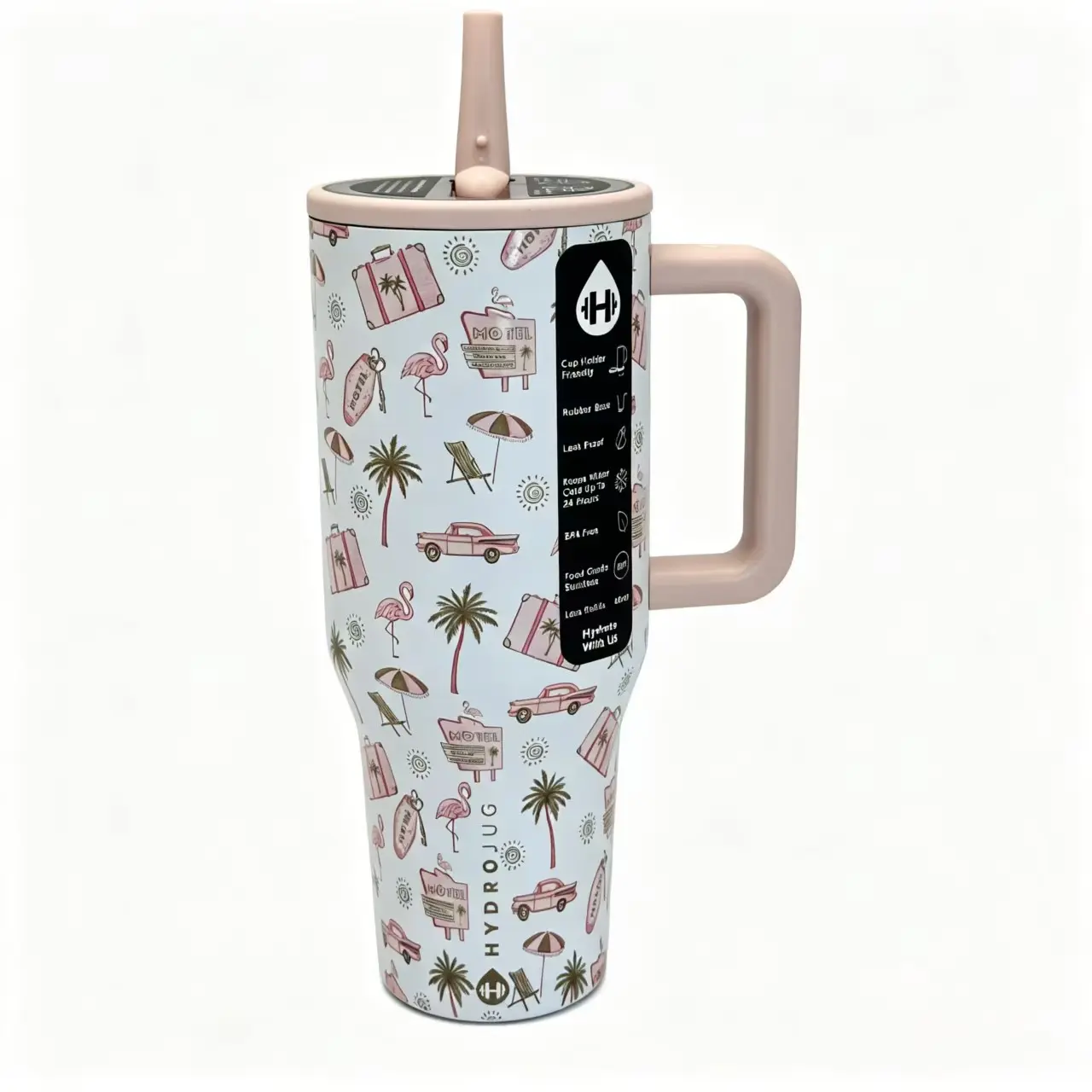 HydroJug 40oz Thermal Stainless Steel Tumbler with Handle - Vintage Road Trip Flamingo Motel Palm Tree Pattern, Leakproof Insulated Drinkware Flask for Car Use, Flasks turtle vacuum valentine christmas couple gift hot cold drink cup father keep travel