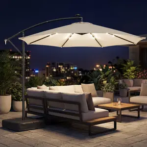 10 ft Cantilever Patio Umbrella with Light, Weight, Offset Hanging Outdoor Umbrella with Protective Cover, Cream White
