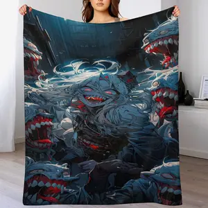 Horror Anime Zombie Girl Throw Blanket, Dark Blue & Red Gore Art, Edgy Creepy Aesthetic, Ultra Soft Flannel, Gothic Otaku Room Decor