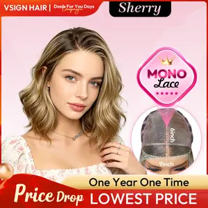 [Sherry] VSIGN Monofilament Handmade Wig Short Wave Ash Blonde Highlight Sacndi Hairline 9×6 Full Mono Lace Hand Tied Top Wig Bendy Ear Tabs Velcro Adjustment Air Cap Glueless Lace Front Wig  Synthetic Heat Resistant Fiber Summer Vibes Deals For You