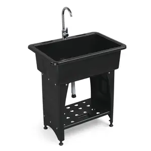 20 Gallon Multi-functional Washing Sink Laundry Basin with Faucet & Shelf Plastic & Metal Feet for Laundry Room Garage Utility Sink with Drainboard Movable Storage Shelf