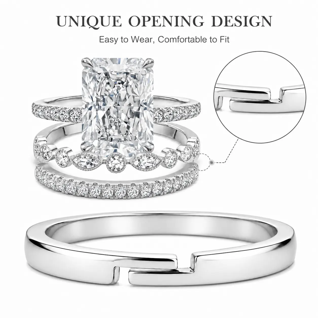 Women's 3PCS Geometric Adjustable Silver-Plated Cubic Zirconia Rings - Square Cut Open-Fit Set, Bridal Engagement & Wedding Jewelry Gift