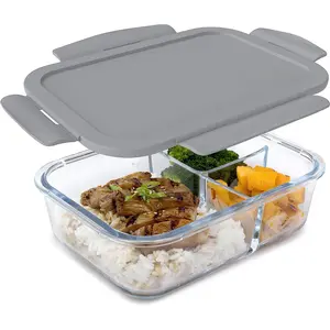 Glass Lunch Box - Leak-Proof -Style Food Container with Airtight Lid and Divided 3-Compartment Design - 5 Cup Capacity for Meal Prepping, and Portion-Controlled Meals for Adults (Gray)