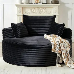 Oversized Round Chaise Lounge Chair Indoor, 55'' Corduroy Deep Seat Circle Single Floor Sofa Chairs, Modern Upholstered Sponge Armchair, Cloud Sleeper Chair for Living Room, Bedroom Apartment, Black summergarden