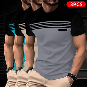 3-pack men’s striped print short-sleeve T-shirts — soft crew neck streetwear tops — lightweight casual everyday shirts suitable for parties, outfits, and relaxed office wear; casual apparel with a classic crew neck,Summervibes