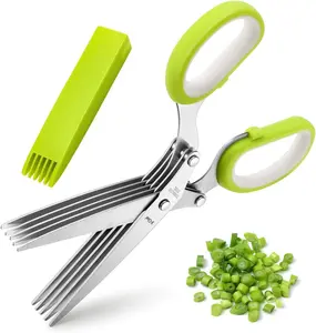 Multipurpose 5 Blade Kitchen Herb Shears Herb Cutter with Safety Cover and Cleaning Comb for Chopping Basil Chive Parsley (Green)