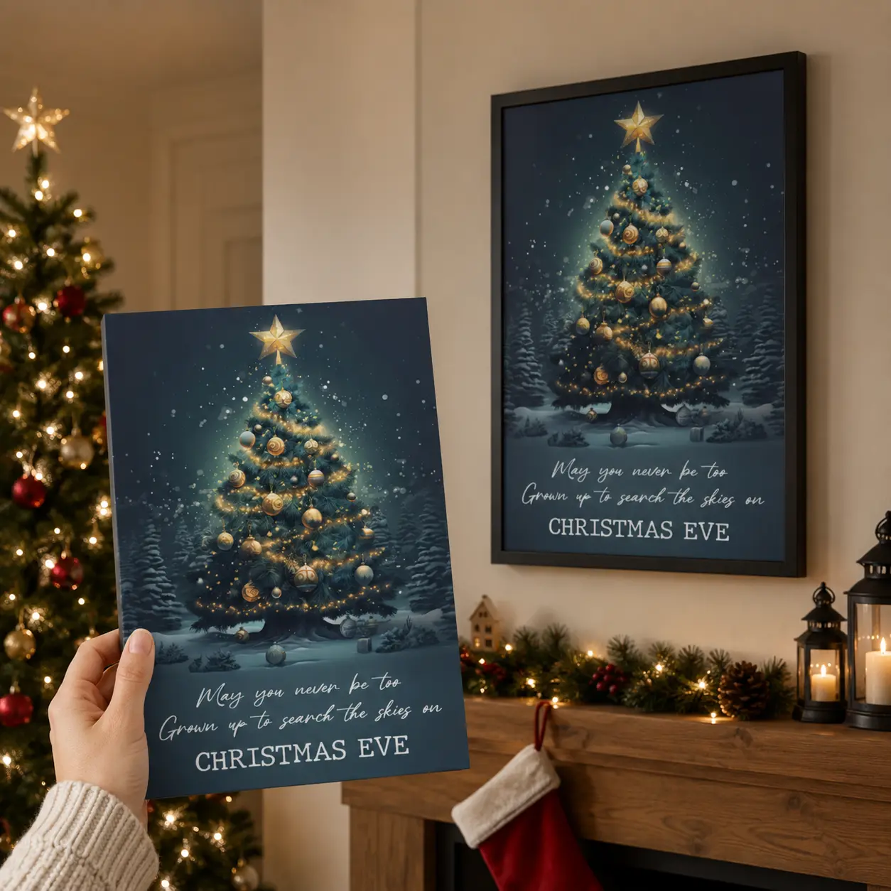 Dark Winter Forest Christmas Tree Vertical Frameless Canvas Wall Artwork, Golden Ornaments Star Quote Print, Snowy Pine Farmhouse Rustic Holiday Decor, Living Room Bedroom Gift