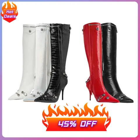 Women's Mid-Calf Length Pointed-Toe Leather Boots - Shoes for Women, All-Seasons Alternative Baddie Footwear with Metal Rivets, Croco Print, Combat Look, Sleek Line, Leg-Length Look