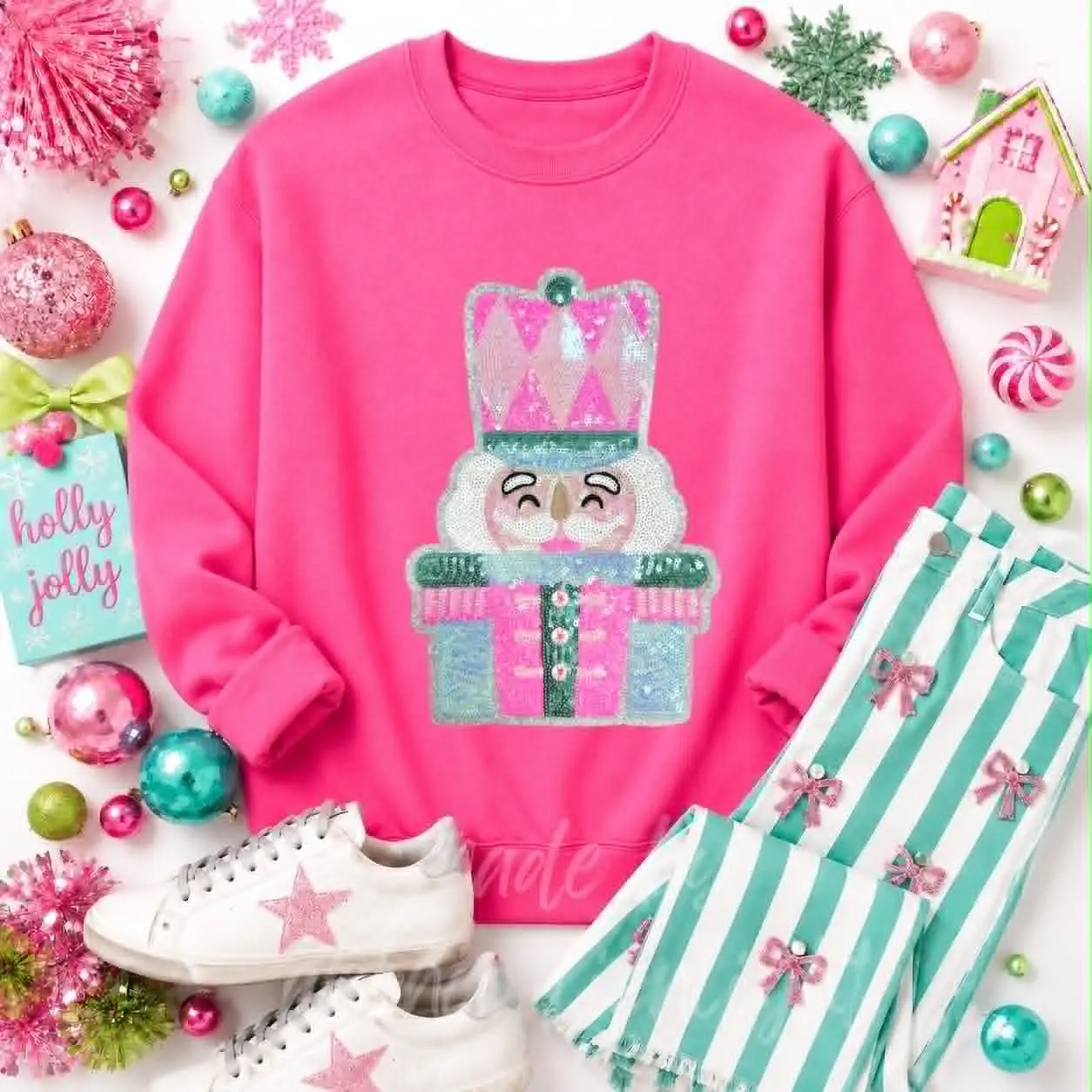 Pink & Mint Nutcracker Christmas Sequin Patch Sweatshirt