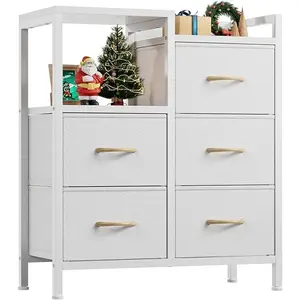 5 Drawer Fabric Panel Wardrobe Storage Cabinet, Built-in Double Layer Storage Shelves for Bedroom Clothes Organization
