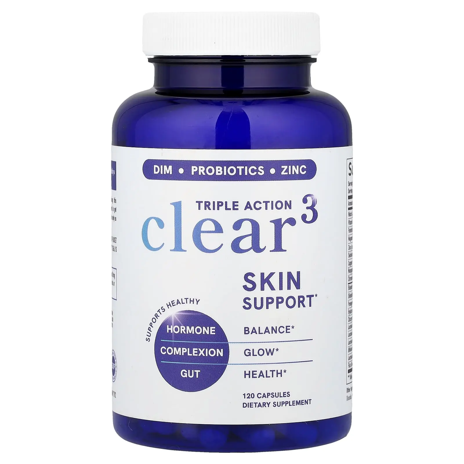 SMNutrition Triple Action Clear 3, Skin Support with DIM, Probiotics & Zinc, 120 Capsules