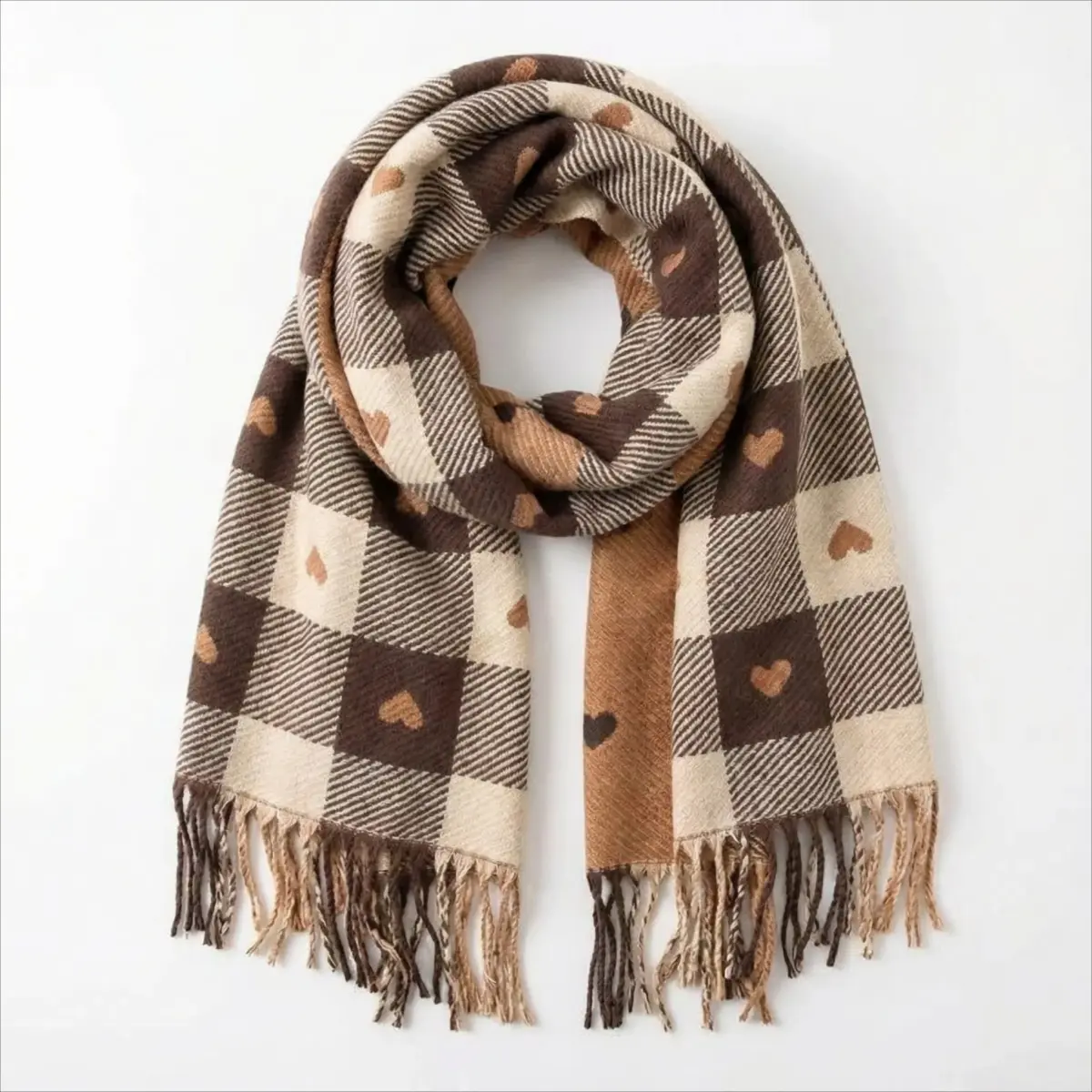 Plaid Heart Pattern Tassel Decor Scarf Elegant Soft Warm Thick Shawl for Women Fashion Accessories for Fall Winter Warm Scarf