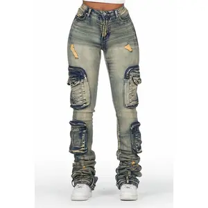 Alisson Dark Wash Tinted Cargo Super Stacked Jean