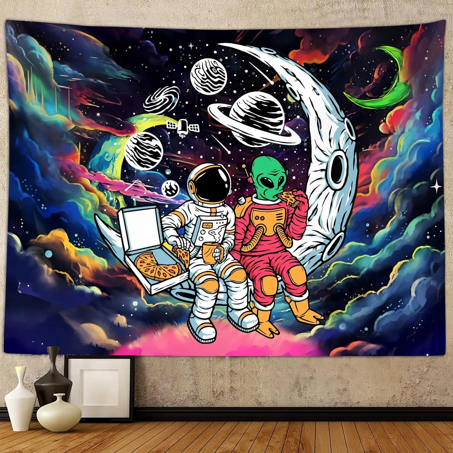 Soft Polyester Knit Modern Rectangular Print Retro Decorative Space Astronaut Alien Tapestry - Softness & Skin-Friendliness, Trippy Universe Design, Blacklight Glow Galaxy Wall Art, Machine Washable, Hangable, 60"X40" Indoor Wall Hanging for Boys' Room