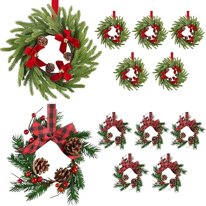 [Deals For You] 12 Pcs Mini Kitchen Cabinet Wreaths with Ribbon, 2 Styles Hanging Wreath, Small Kitchen Xmas Decoration for Fireplace Kitchen Door Stair Window
