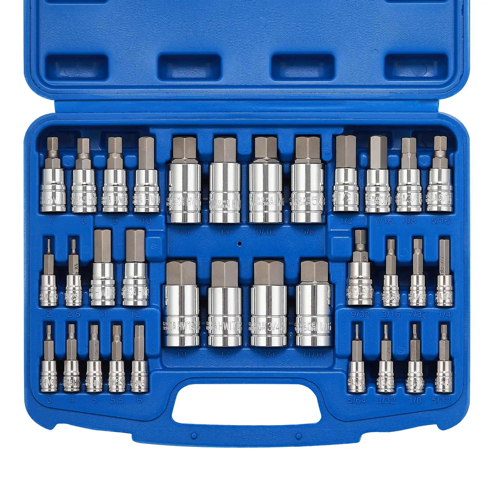 CASOMAN 33-Piece Master Hex Bit Socket Set S2 Steel SAE & Metric Allen Bit 5/64" to 3/4" 2mm to 19mm Tool Kit with Durable Carry Case, " 2mm to 19mm T